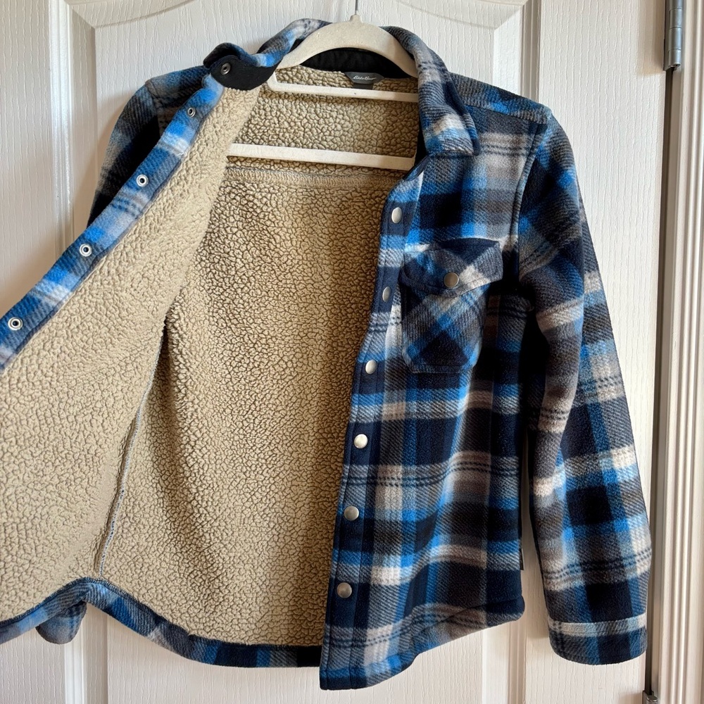 Boys Eddie Bauer Flannel Blue Plaid Sherpa Lined  size 10/12 - Picture 7 of 8